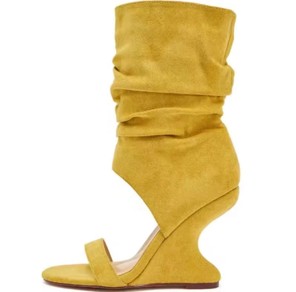 Women Fashion Open Toe Ruched Suede Wedge Mid Length Boots