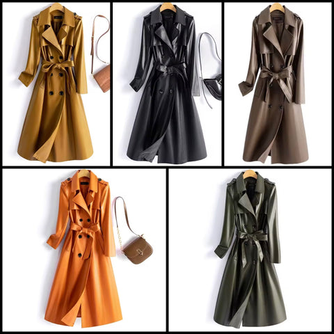Women Color Fashion Faux Leather Trench Jacket