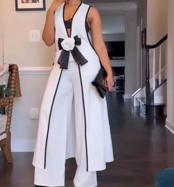 Women B&W Bow Sleeveless Sexy Fashion Two Piece Pant Set