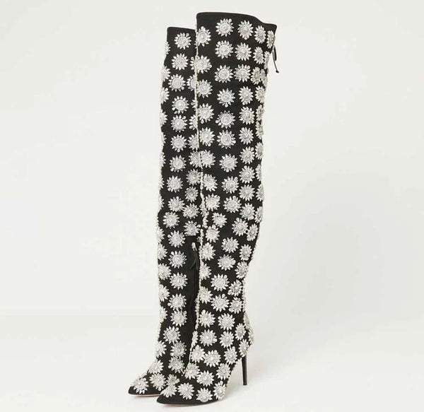 Women Fashion Suede Bling Print Over The Knee Boots