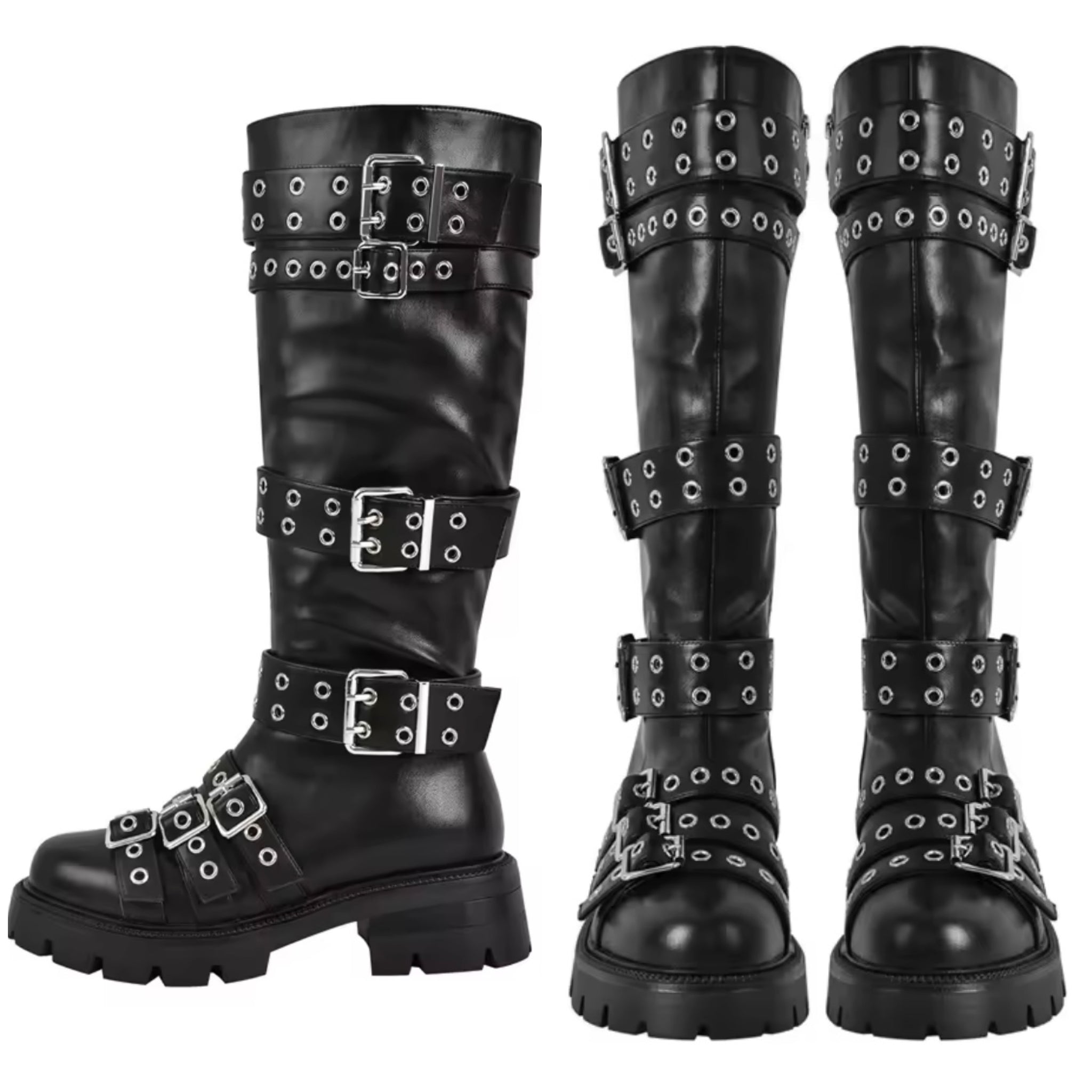 Women Black Buckled Round Toe Fashion Flat Knee High Boots