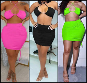 Women Sexy Sleeveless Solid Color Two Piece Skirt Set