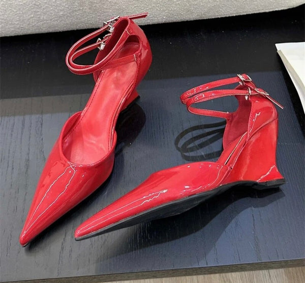 Women Pointed Toe Patent Leather Platform Ankle Strap Heels