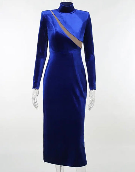 Women Sexy Blue Full Sleeve Mesh Patchwork Velour Maxi Dress