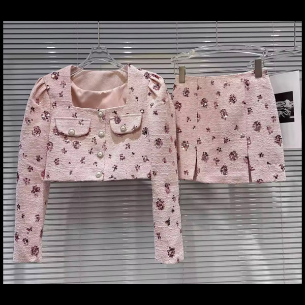 Women Pink Printed Sequins Full Sleeve Two Piece Skirt Set