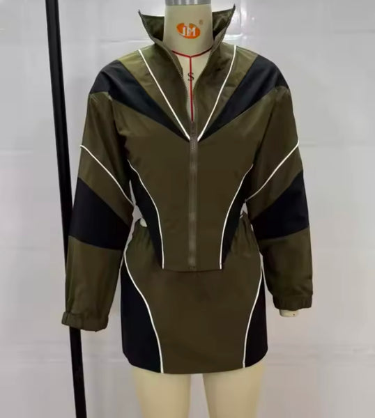 Women Fashion Full Sleeve Zip Up Color Patchwork Two Piece Skirt Set