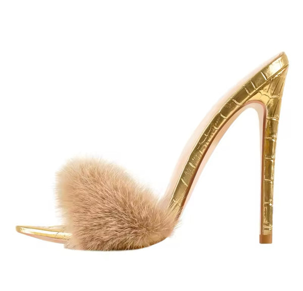 Women Color Open Pointed Toe Fashion Faux Fur High Heel Sandals