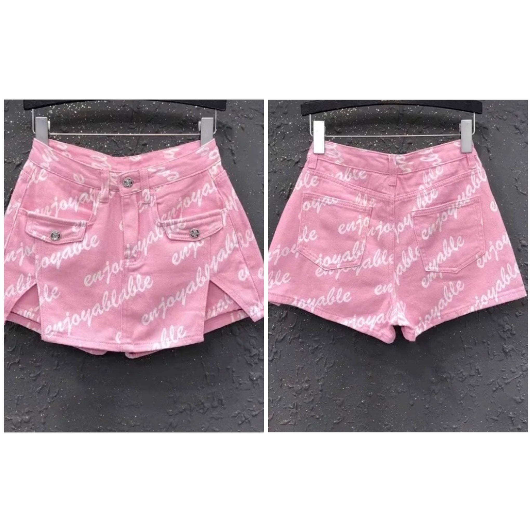 Women Fashion Pink Letter Print Denim Wrap Shorts