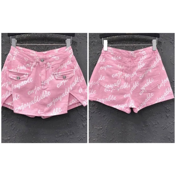 Women Fashion Pink Letter Print Denim Wrap Shorts