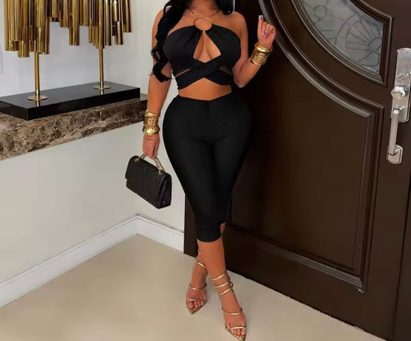 Women Sexy Halter Sleeveless Wrap Crop Two Piece Capri Pant Set