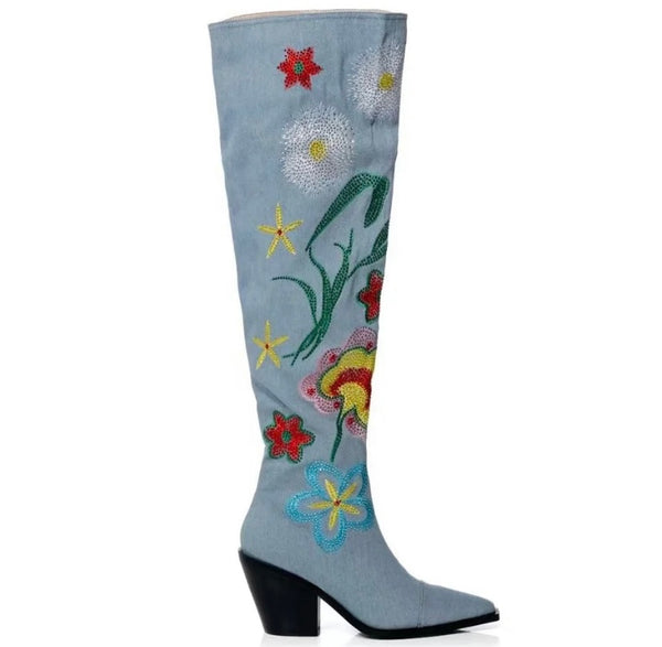 Women Fashion Printed Knee High Western Denim Boots