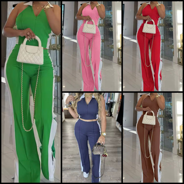 Women Color Fashion Sleeveless Zip Up Tracksuit Two Piece Pant Set