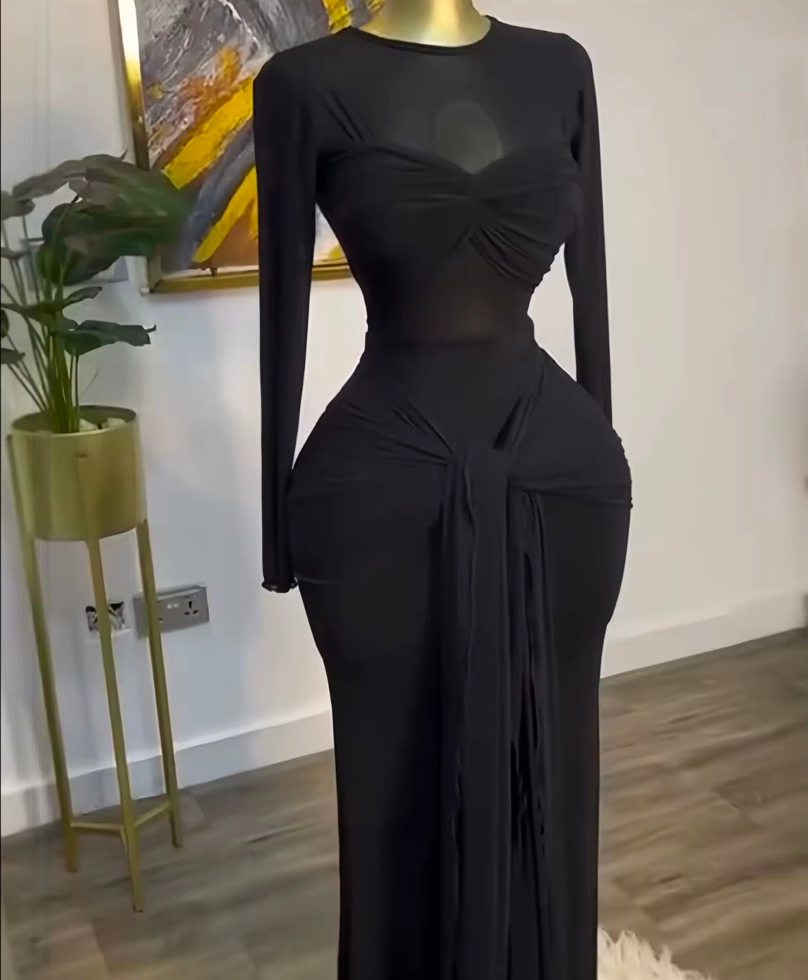 Women Sexy Solid Color Tie Up Full Sleeve Maxi Dress