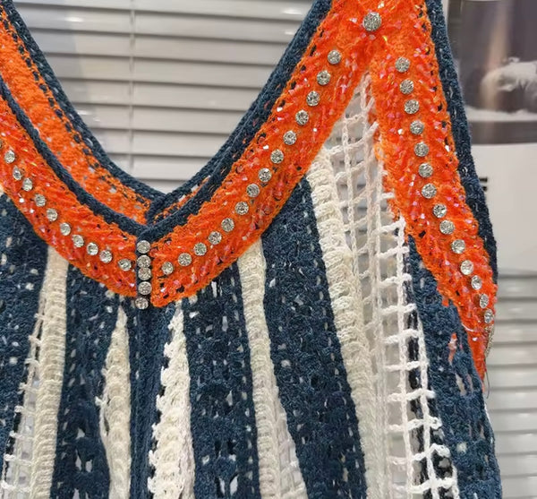 Women Rhinestone Sleeveless Color Patchwork Knitted Tank Top