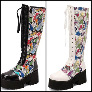 Women Printed Patchwork Lace Up Fashion Faux Leather Knee High Boots