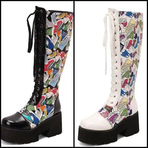 Women Printed Patchwork Lace Up Fashion Faux Leather Knee High Boots