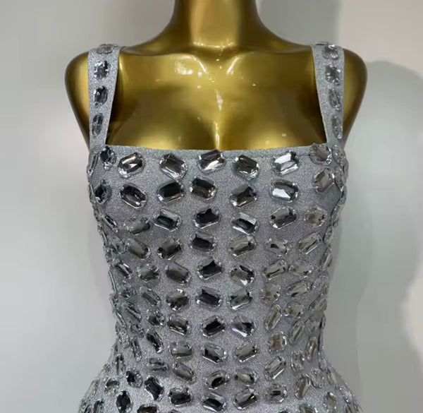 Women Sexy Sleeveless Silver Crystal Dress