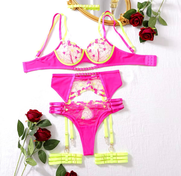 Women Sexy Color Patchwork Heart Print Lingerie Set