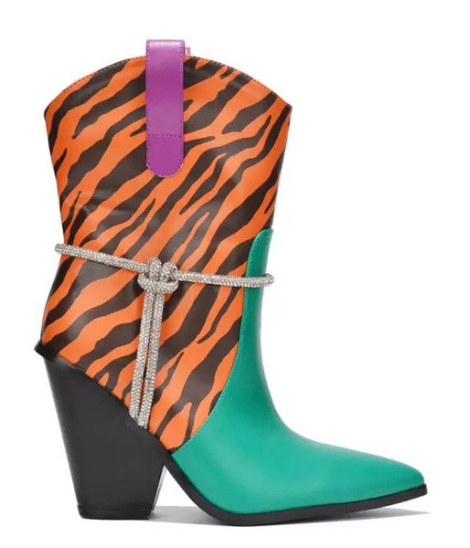Women Color Bling Patchwork Fashion Ankle Western Boots