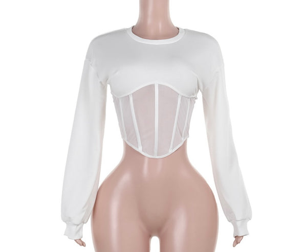 Women Mesh Patchwork Fashion Full Sleeve Top