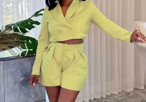 Women Color Button Up Full Sleeve Blazer Two Piece Short Set
