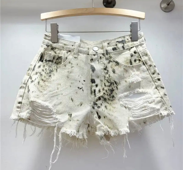 Women Fashion Ripped Color Tie Dye Denim Shorts