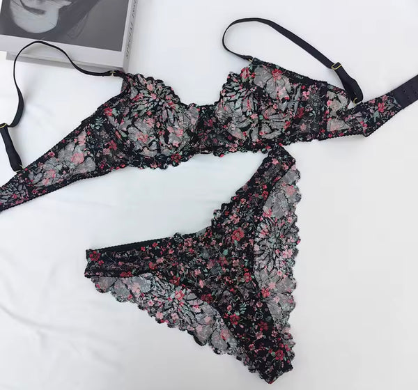 Women Sexy Printed Lace Mesh Lingerie Set