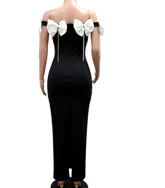 Women Sexy B&W Bow Crystal Tassel Off The Shoulder Maxi Dress