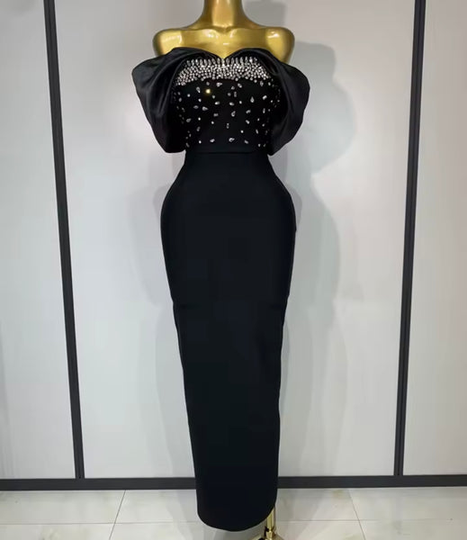 Women Strapless Rhinestone Patchwork Sexy Maxi Dress
