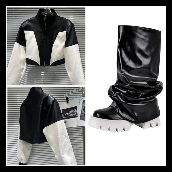 Women B&W Fashion Faux Leather Ruched Boots