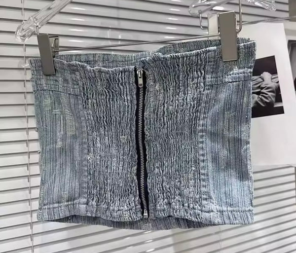 Women Strapless Rhinestone Patchwork Denim Two Piece Pant Set