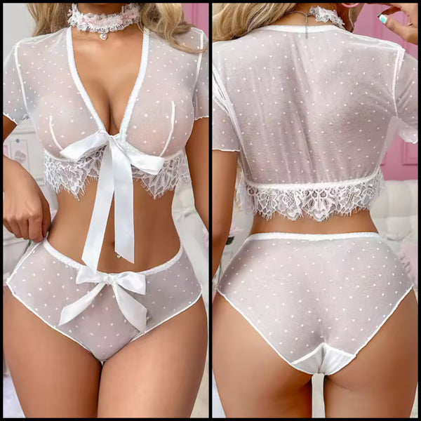 Women White Polka Dot Mesh Choker Sexy Lingerie Set