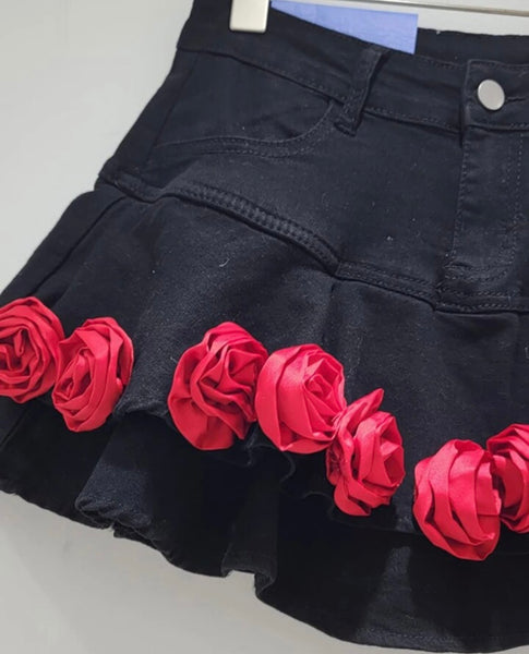 Women Fashion Black Red Floral Ruffled Denim Skirt