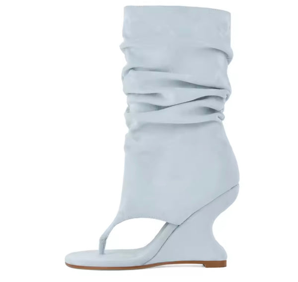 Women Fashion Suede Open Toe Ruched Wedge Ankle Boots