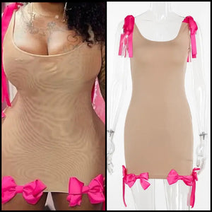 Women Sexy Sleeveless Khaki Pink Bow Dress
