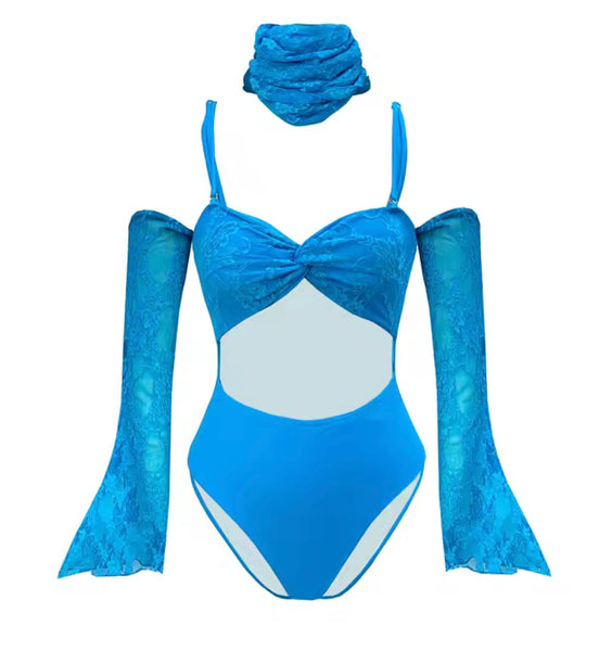 Women Sexy Blue Lace Swimsuit Cover Up Set