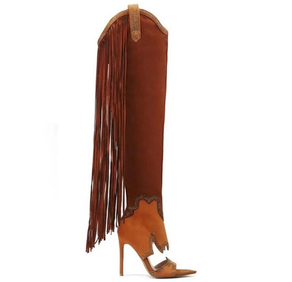 Women Fashion Open Toe Tassel Suede Knee High Western Boots