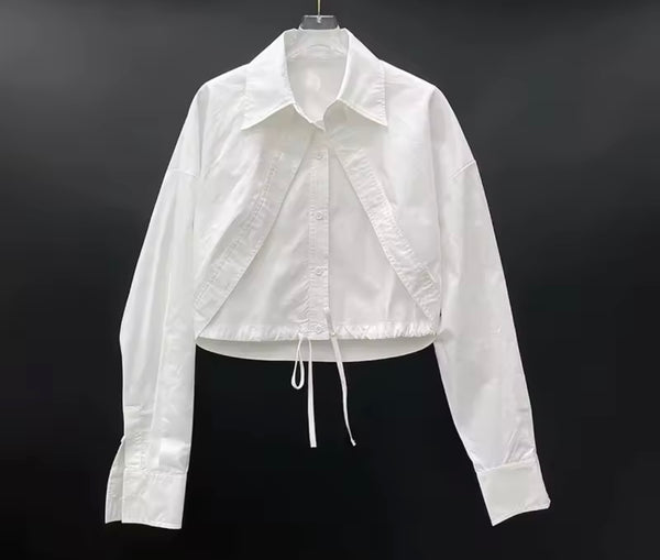 Women Fashion Collar Button Up Tie Full Sleeve Top