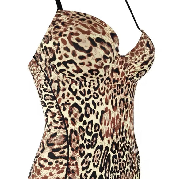 Women Sexy Sleeveless Leopard Mesh Bodysuit Lingerie