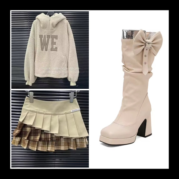 Women Letter Print Hooded Sweater Two Piece Plaid Pleated Skirt Set