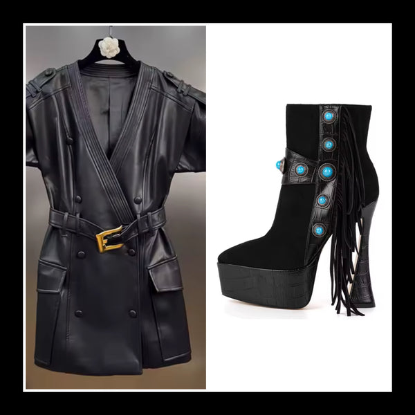 Women Fashion Suede Tassel Rivet Metal Platform Ankle Boots