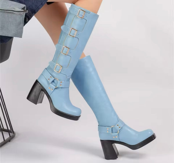 Women Color Fashion Square Toe Buckled Knee High Boots