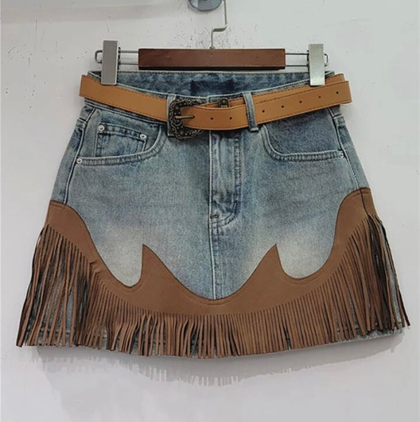 Women Fashion Denim Suede Tassel Skirt