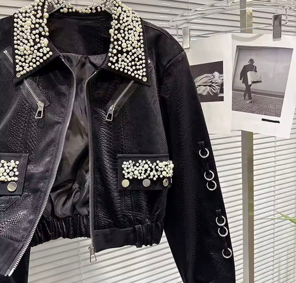 Women Black Pearl Metal Ring Fashion Faux Leather Jacket