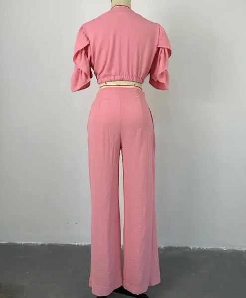 Women Pink Button Up Short Sleeve Fashion Two Piece Pant Set