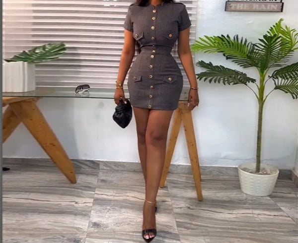 Women Sexy Fashion Short Sleeve Button Up Pocket Dress