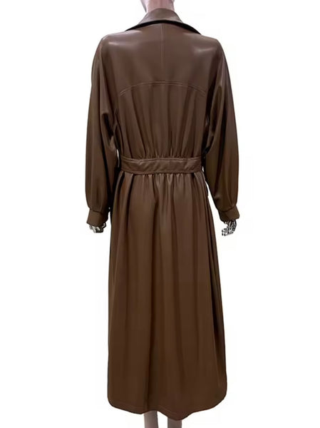 Women Fashion Brown Button Belted Faux Leather Trench Jacket