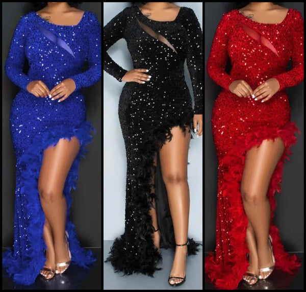 Women Sexy Sequins Side Slit Mesh Patchwork Full Sleeve Feather Dress