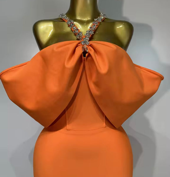 Women Sexy Orange Rhinestone Halter Off The Shoulder Maxi Dress