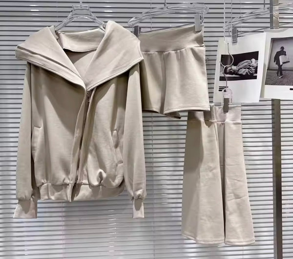 Women Fashion Hooded Zip Up Three Piece Pant Set